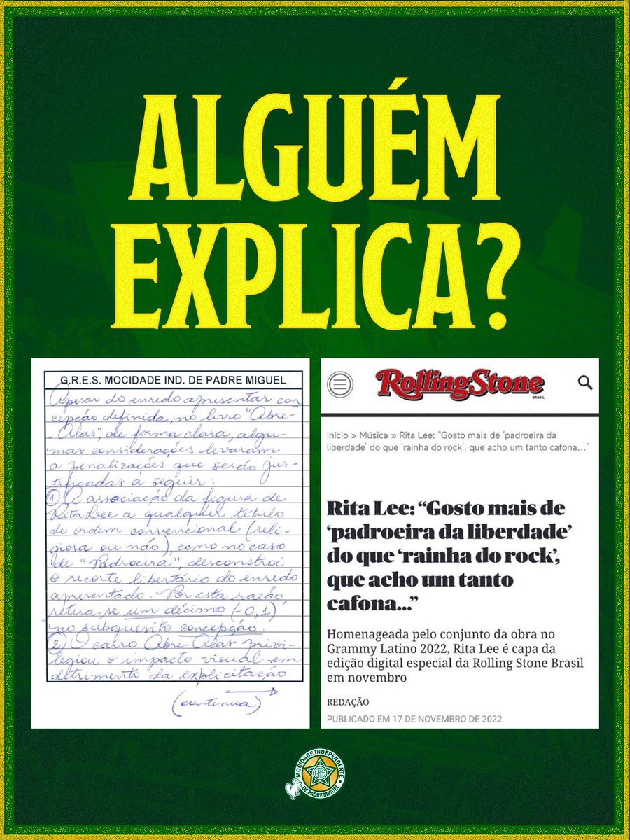 As justificavas começaram a ser divulgadas e na primeira que recebemos, a da jurada Mônica Mançur que nos deu 9.6 em enredo, encontramos em uma das justificativas que o termo “PADROEIRA” desconstruiria o enredo.

Ela só esqueceu de ler que a própria Rita Lee se chamava assim.