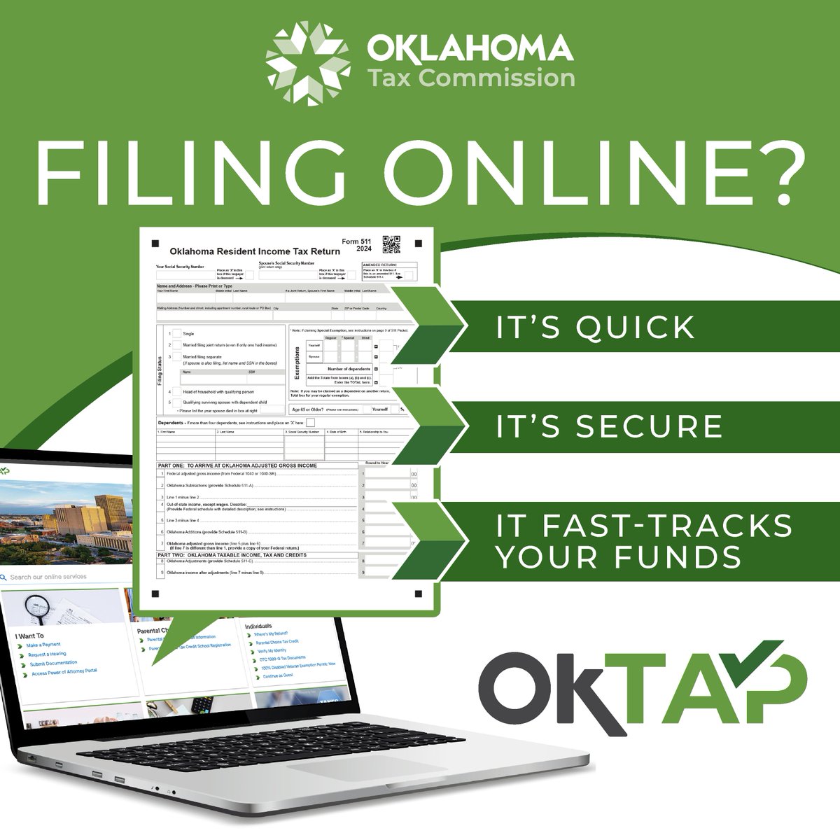 oktaxcommission's tweet photo. 📢 Tax Tip: You may qualify to file your Oklahoma return FREE 💻✅

📅 Deadline: Apr 15
💸 E-file + direct deposit = refunds typically 5–6 weeks

https://t.co/2wZVardeD7 🔗
#OklahomaTaxes #FileSmart #RefundReady https://t.co/cXfnM1JDha
