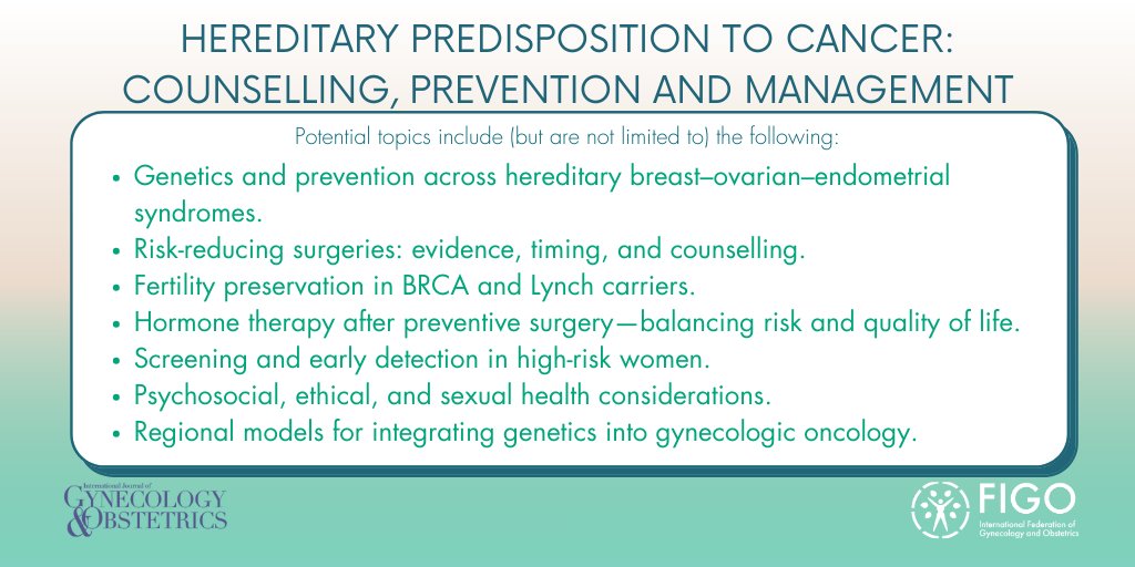 🚨#NewIJGOCallforPapers: Hereditary gynecologic cancer care is evolving, but access &amp; health systems remain unequal

🔎Original research, reviews, editorials &amp; case reports—underrepresented groups &amp; LMIC perspectives welcome

📅Submit by 31 July

🔗Info: obgyn.onlinelibrary.wiley.com/hub/journal/18…