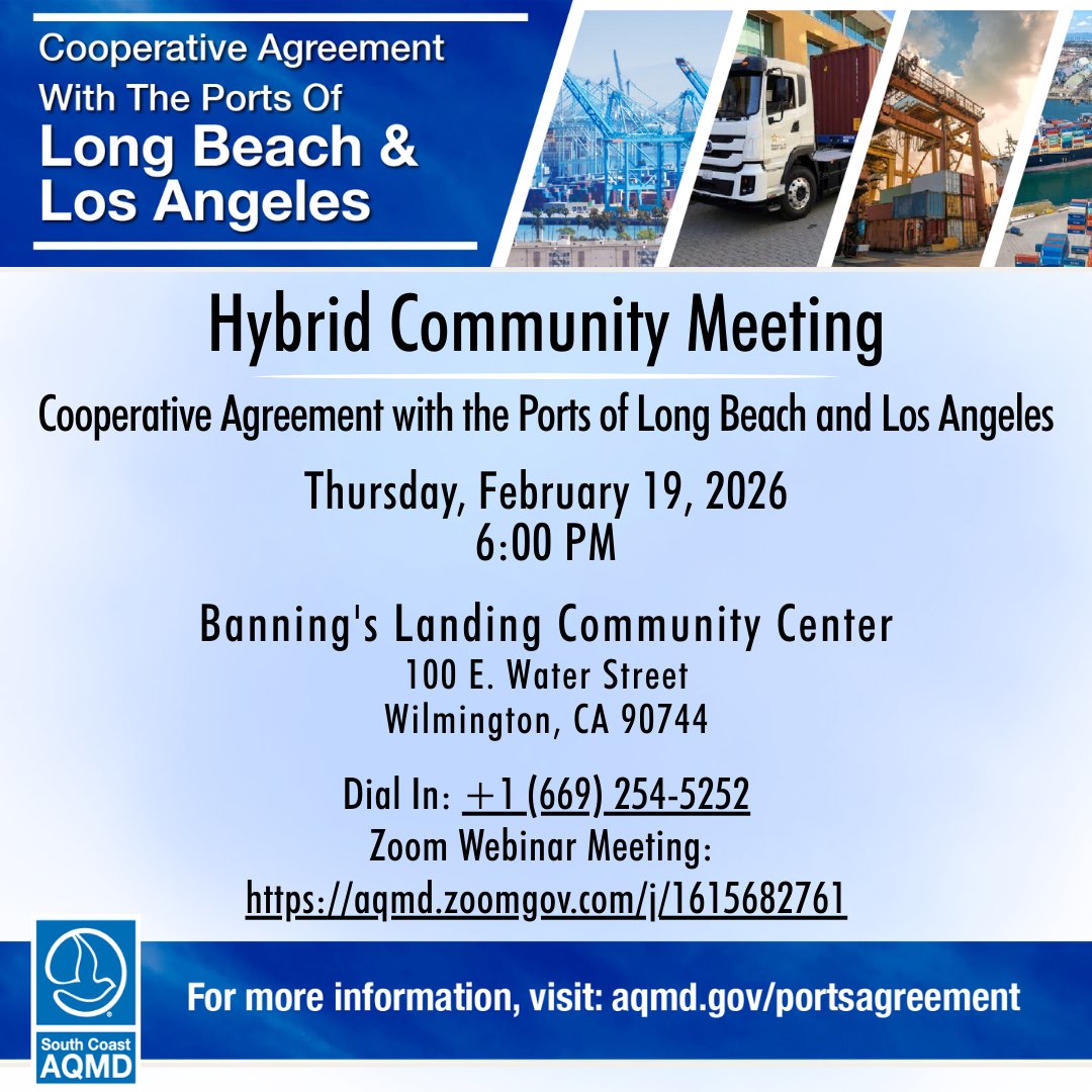 SouthCoastAQMD's tweet image. REMINDER: Join us this afternoon for our rescheduled hybrid community meeting to share your input on potential additional measures for our Cooperative Agreement with the Ports of #LongBeach and #LosAngeles: aqmd.gov/portsagreement

Community Meeting — In-Person/Virtual
Thursday,