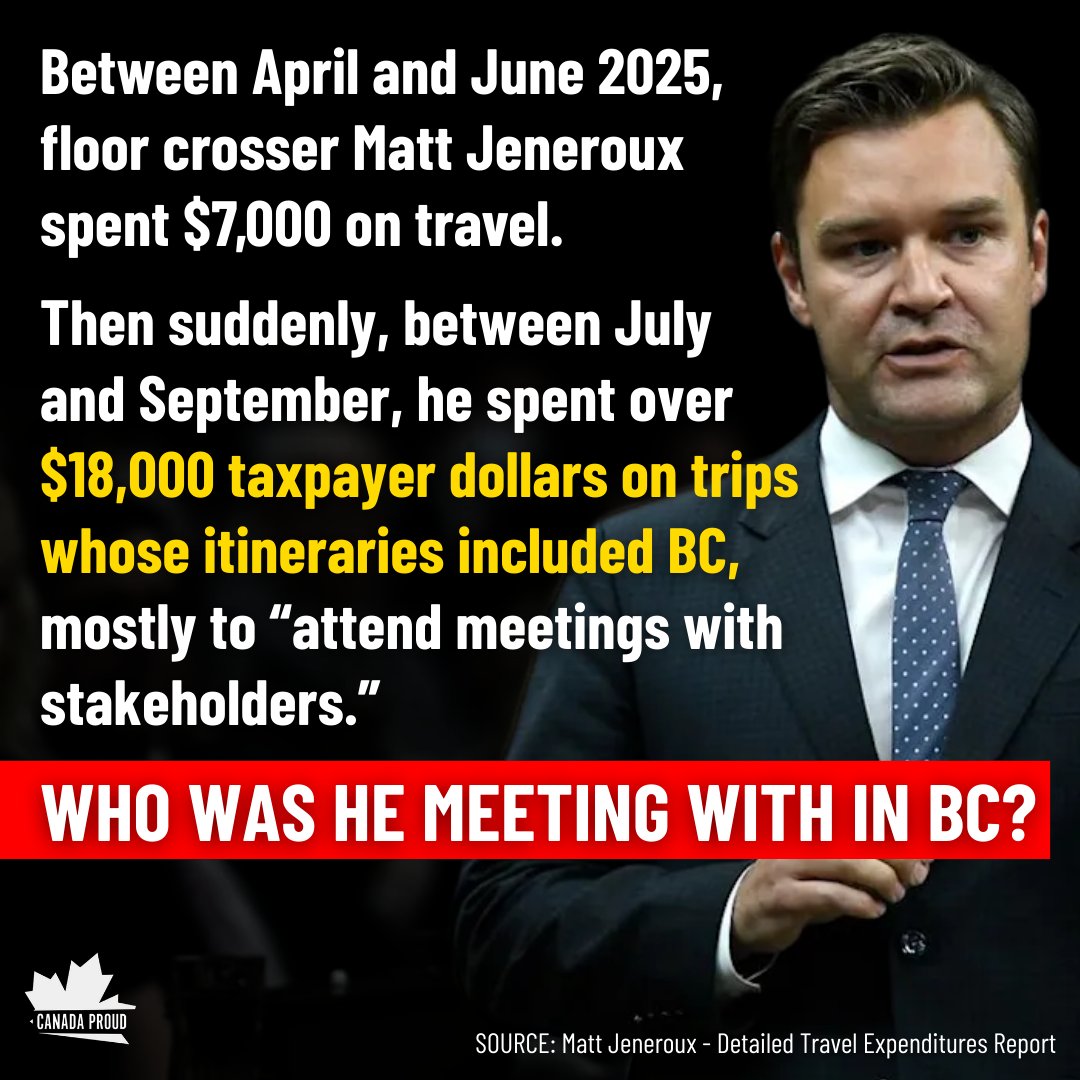 Matt Jeneroux works in Ottawa, not in Vancouver.

His constituency office is in Edmonton, not Victoria.

So can anyone explain why a backbencher opposition MP had to fly out for so many "meetings with stakeholders" in British Columbia? Who was he meeting with?