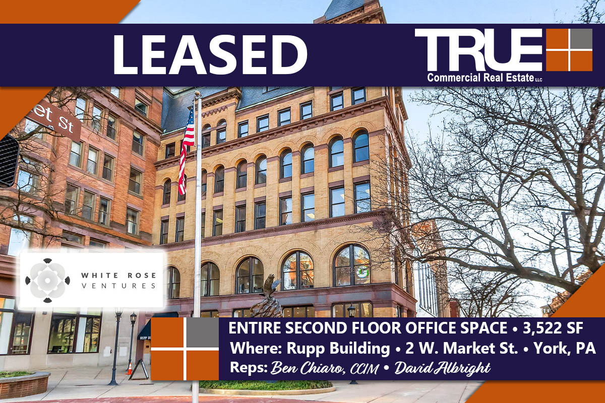 TRUE_ComRE's tweet photo. We are pleased to announce that White Rose Ventures has leased out 3,522 SF of office space on the entire 2nd floor of the Rupp Building at 2 W. Market St. York, PA. Ben Chiaro, CCIM &amp; David Albright of TRUE Commercial Real Estate represented all parties. #leased #YorkPA #office https://t.co/b65mdHUmij