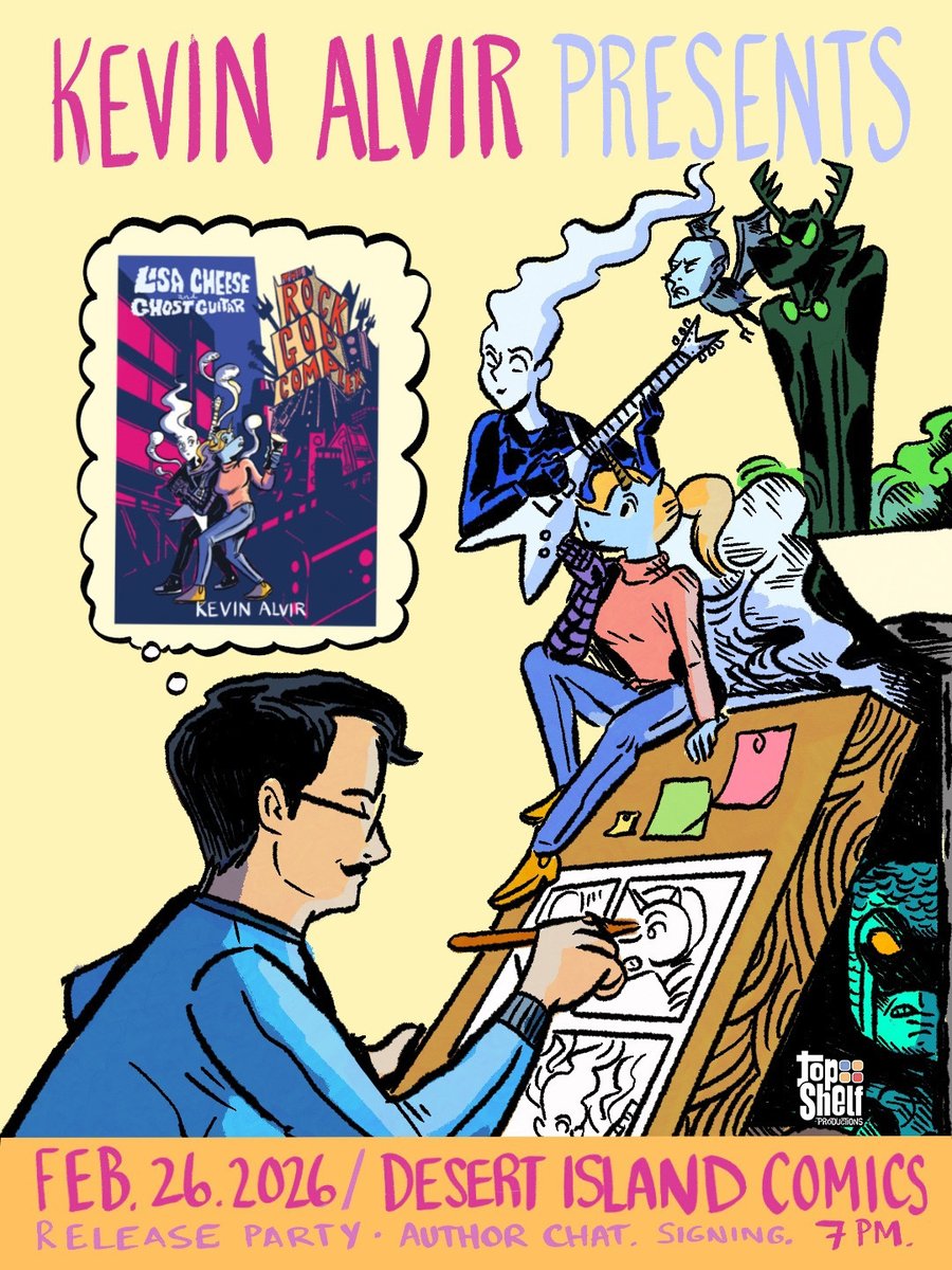 topshelfcomix's tweet image. Grab your friends and meet up with @kalvircomix to celebrate the release of Lisa Cheese and Ghost Guitar: The Rock God Complex!

Meet up at Desert Island Comics on the 26th at 7pm for an author chat and signing!

#AuthorSigning #BookRelease #OGN #IndieComic #GraphicNovel #Unicorn