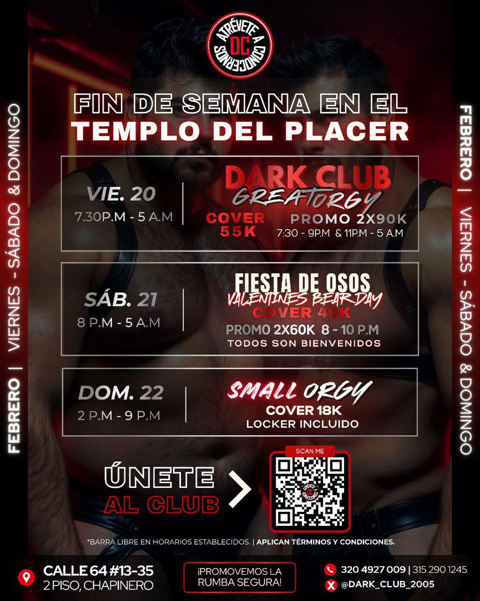 Dark_club_2005's tweet photo. 🔥 El fin de semana empieza y termina en #DARKCLUB 🔥

• VIER: DARK Great Orgy
• SÁB: Fiesta de Osos @Sodomabta
• DOM: Small Orgy

Tres noches seguidas,
Un solo Templo del Placer
15% OFF prendas rojas @Darkside_Bta

Atrévete a Conocernos!
👉 https://t.co/X8rHHrTrTa
#BogotaGay https://t.co/4XriXsK1k5