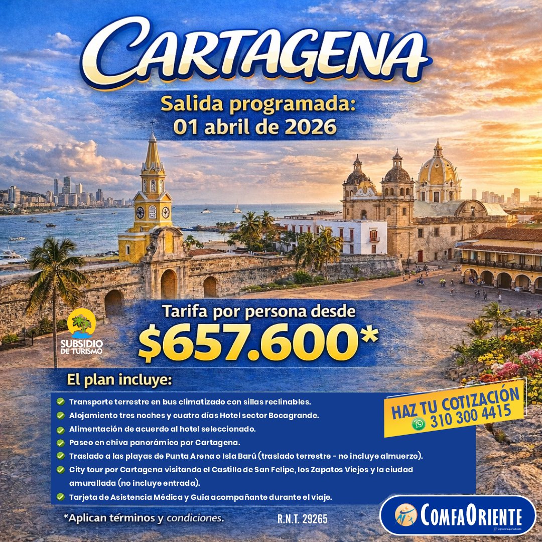 🚌🧳 Viaja a Cartagena desde $657.600* por persona y aprovecha el subsidio de turismo que solo #ComfaOriente tiene para sus afiliados. ✈️🌴

📱 Más información al WhatsApp  👉🏼 lc.cx/1f9Kn_

*Aplican términos y condiciones.

#LaCajaDeLosBeneficios