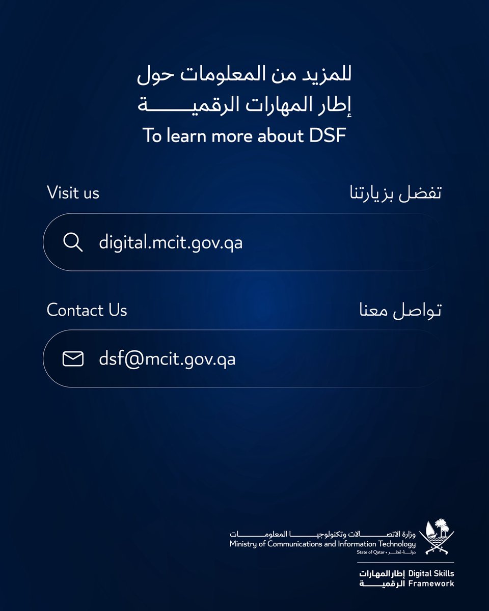 تم تسجيل 684 صقر رقمي ممنوح للمشاركين حتى الآن، والأعداد في تزايد مستمر. بادر بإكمال تقييم المهارات لتنال ملف الكفاءة الرقمية والصقر الخاص بك، واستفد من مسارات التعلم الموجهة عبر أكاديمية قطر الرقمية

للمزيد من المعلومات، يرجى زيارة: digital.mcit.gov.qa