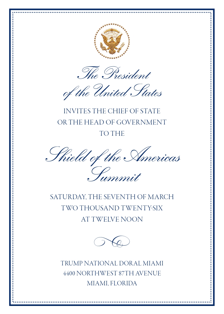 Recibí la invitación oficial del presidente <a href="/realDonaldTrump/">Donald J. Trump</a>  para participar, este 7 de marzo, en la Cumbre Shield of the Americas, que se celebrará en Miami, Estados Unidos.

Paraguay estará presente en este importante encuentro que fortalecerá la cooperación y el trabajo