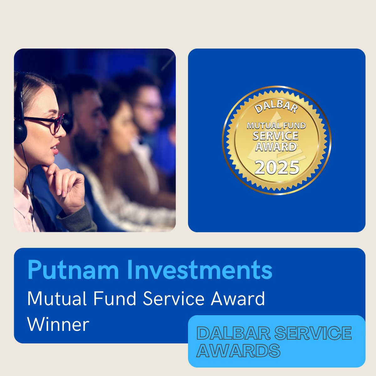 DalbarInc's tweet photo. Congratulations to @PutnamToday for earning the 2025 DALBAR Mutual Fund Service Award! This achievement marks 36 consecutive years of customer service excellence. 

#CustomerService #FinancialServices #MutualFunds https://t.co/SBf7cZBdSz