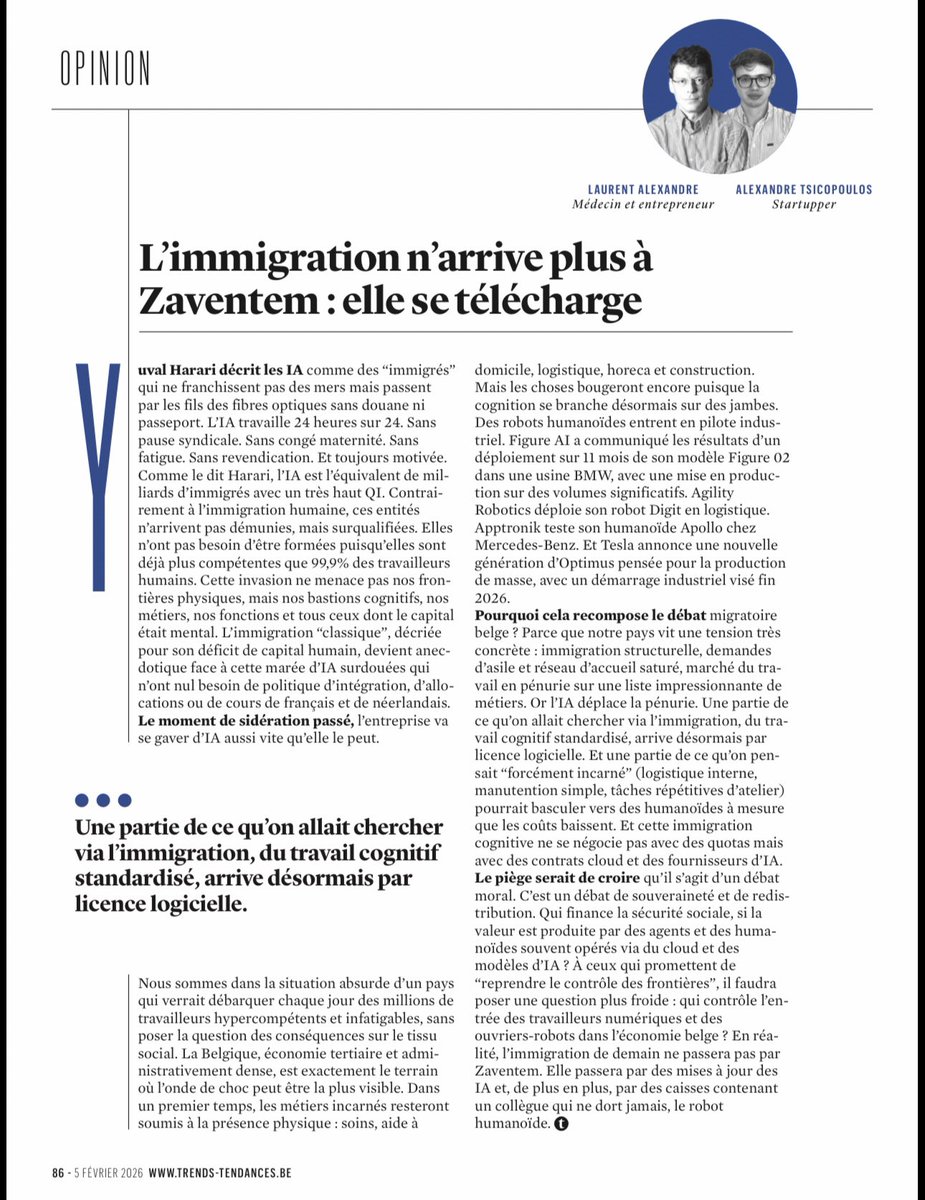 Alex_Tsico's tweet photo. L’immigration ne passe plus par les frontières. Elle passe par le cloud. Une partie du travail cognitif que l’on allait chercher via l’immigration arrive désormais par licence logicielle. Le débat migratoire devient un débat de souveraineté technologique.
Mon dernier article avec @dr_l_alexandre
