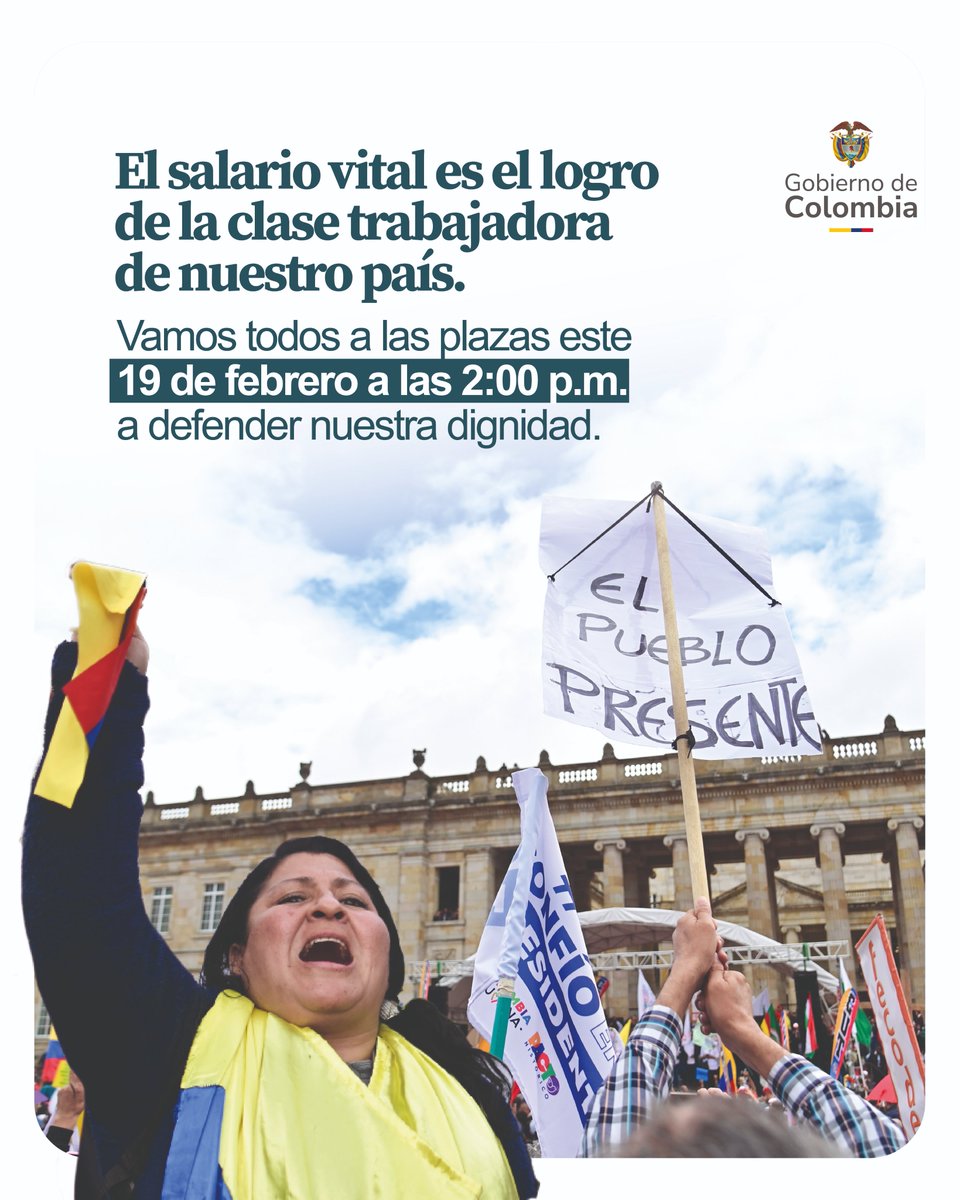 MincomercioCo's tweet photo. El Salario Vital es un derecho adquirido por la clase trabajadora de Colombia.

Este 19 de febrero, vamos #ALasPlazasPorElSalarioVital en todas las plazas públicas del país, porque esta conquista histórica debe mantenerse para garantizar dignidad a cada trabajador y trabajadora. https://t.co/yJYrMbznfz