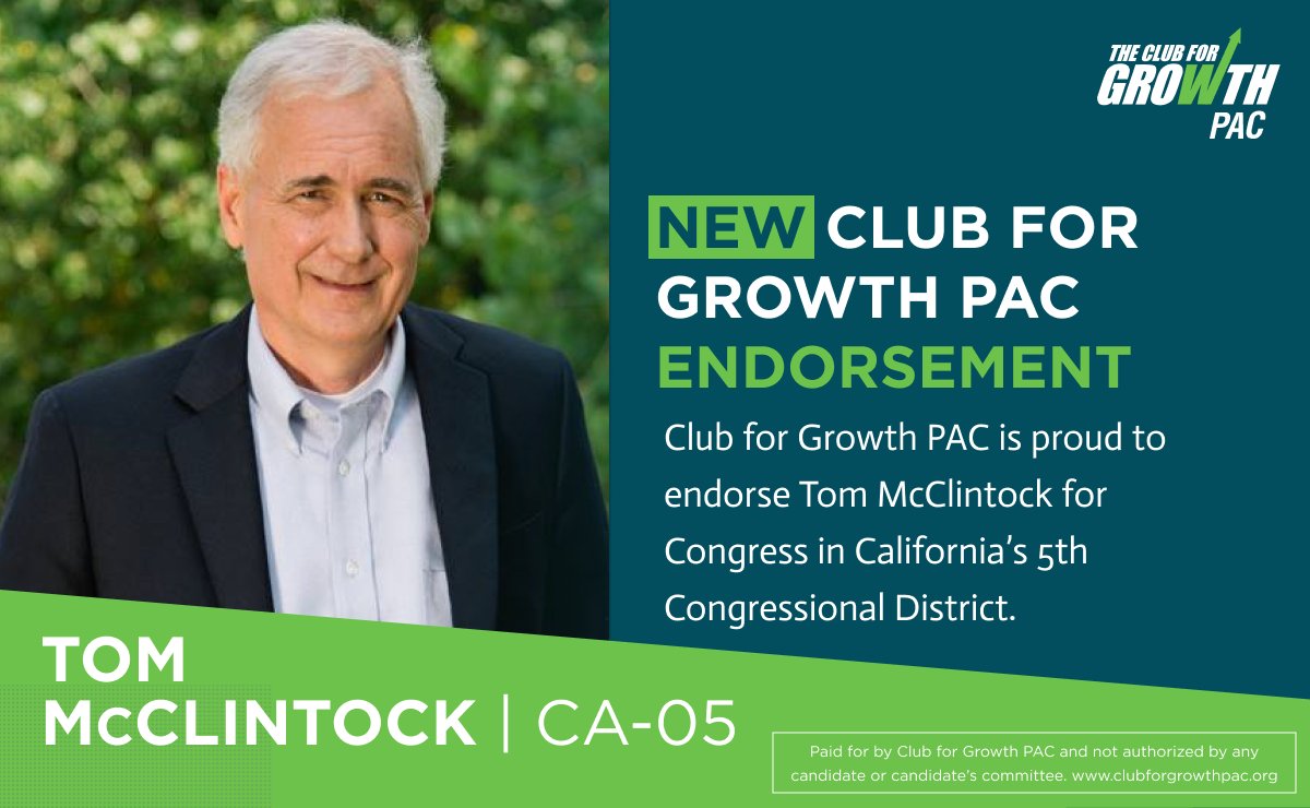 club4growth's tweet photo. ENDORSEMENT ALERT🇺🇸

Club for Growth PAC proudly endorses Tom McClintock (CA-05) for re-election.

With a 95% lifetime rating and a proven record of cutting spending and lowering taxes, @tommcclintock is the leading voice for economic freedom we need in Congress.

Read more here: https://t.co/W5NwjmkCXj
