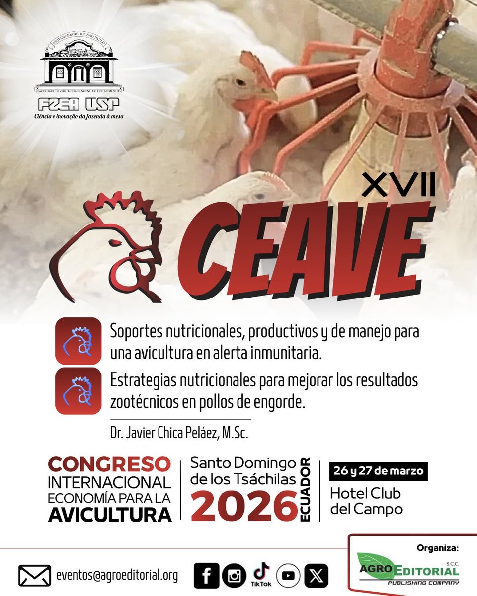 📢 Conferencia Magistral | CEAVE 2026

👨‍🔬 Dr. Javier Chica Peláez, MSc.
🇨🇴 Colombia
📅 26 y 27 de marzo
📍 Hotel Club del Campo – Santo Domingo de los Tsáchilas

🤝 Contenido técnico de alto nivel.

👉 Inscríbete ahora: eventos@agroeditorial.org

#CEAVE2026 #AviculturaEcuatoriana