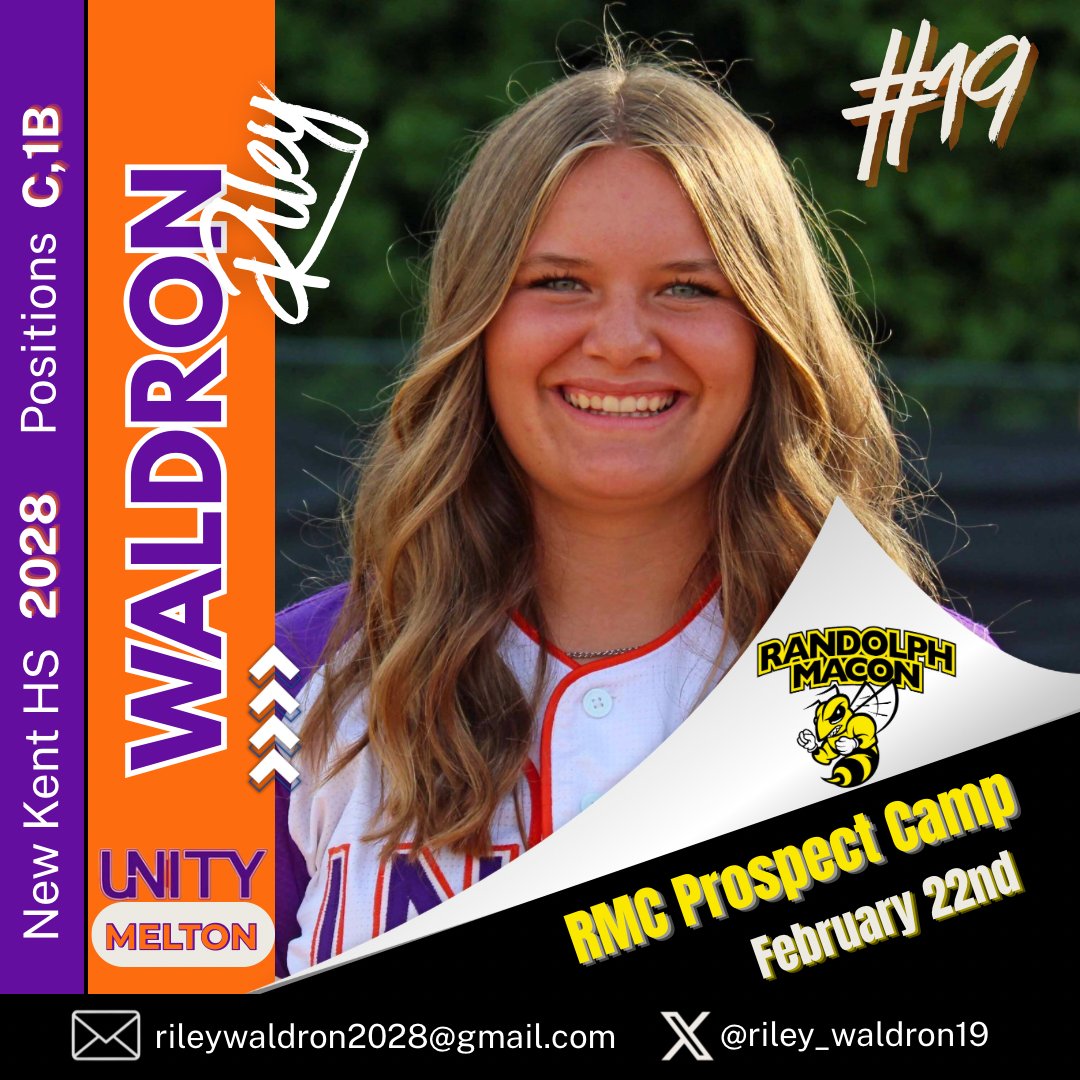 Riley Waldron <a href="/riley_waldron19/">Riley Waldron</a> will also be attending the Randolph Macon <a href="/RMC_Softball/">Randolph-Macon Softball</a> Prospect Camp this weekend!! We hope you have a great time Riles!! 🐝 <a href="/K_Maronski/">Krysti Neufeldt</a> <a href="/SamiDavi5/">Sami Davidson</a> <a href="/molly_grube/">molly</a> <a href="/VAUnitySB/">Unity Softball</a>