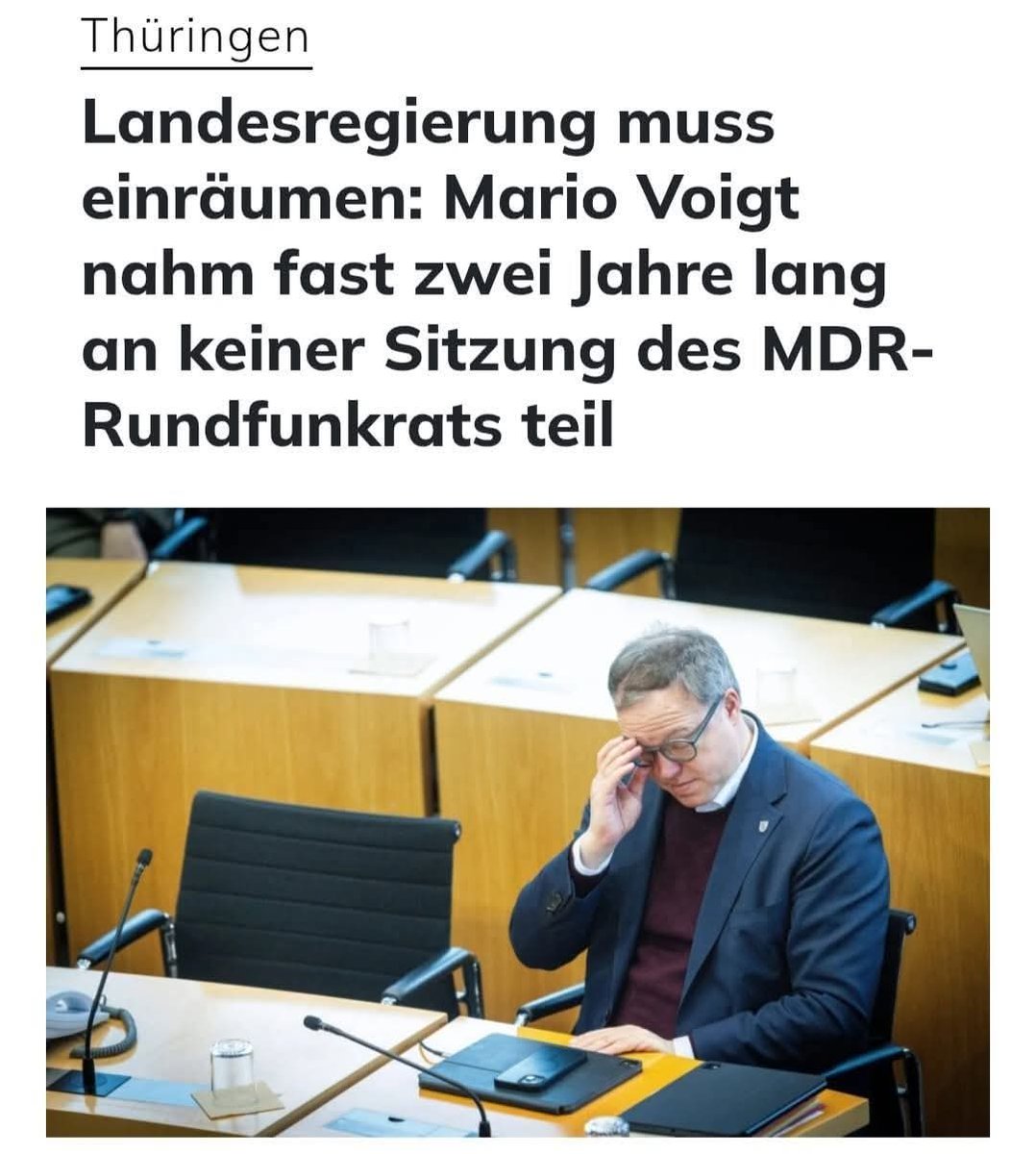 Mario Voigt schwänzt 12 Sitzungen des MDR-Rundfunkrats – kassiert aber trotzdem ca. 18.000 Euro
Es gibt politische Fehltritte, es gibt politische Versäumnisse und es gibt politische Selbstbedienung. 
Mario Voigt, Ministerpräsident des Freistaates Thüringen, hat nachweislich seit