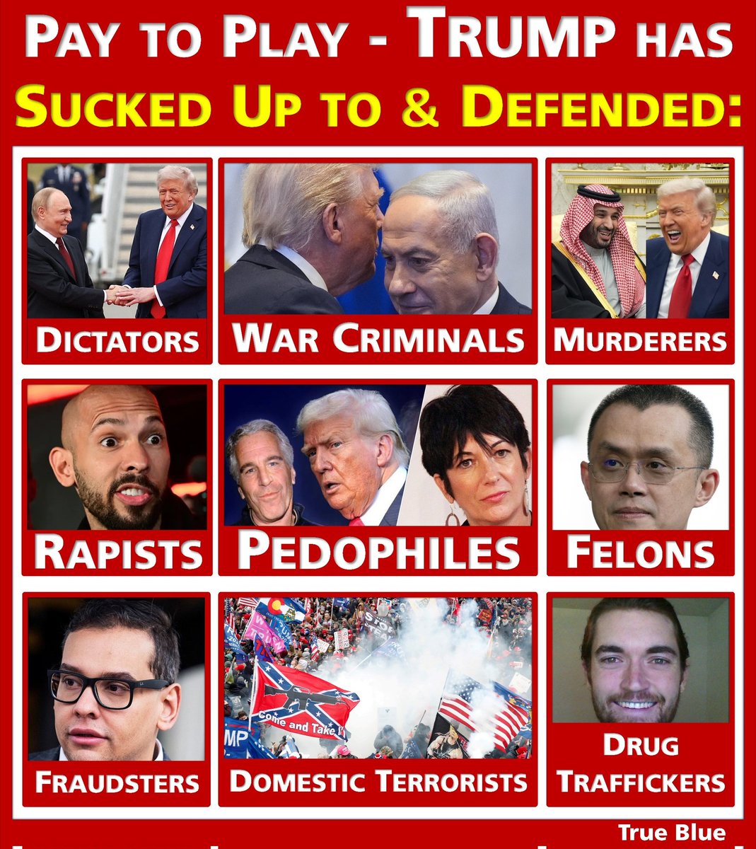 🤡  Trump will PROTECT you IF you are:

🔻A pedophile
🔻A rapist
🔻A fraudster
🔻A RICH drug trafficker
🔻A war criminal
🔻A dictator 
🔻A RICH murderer
🔻A RICH felon
🔻A J6 domestic terrorist

Trump WON'T protect you If you're a VICTIM of any of these crimes!

#TrumpIsCorrupt