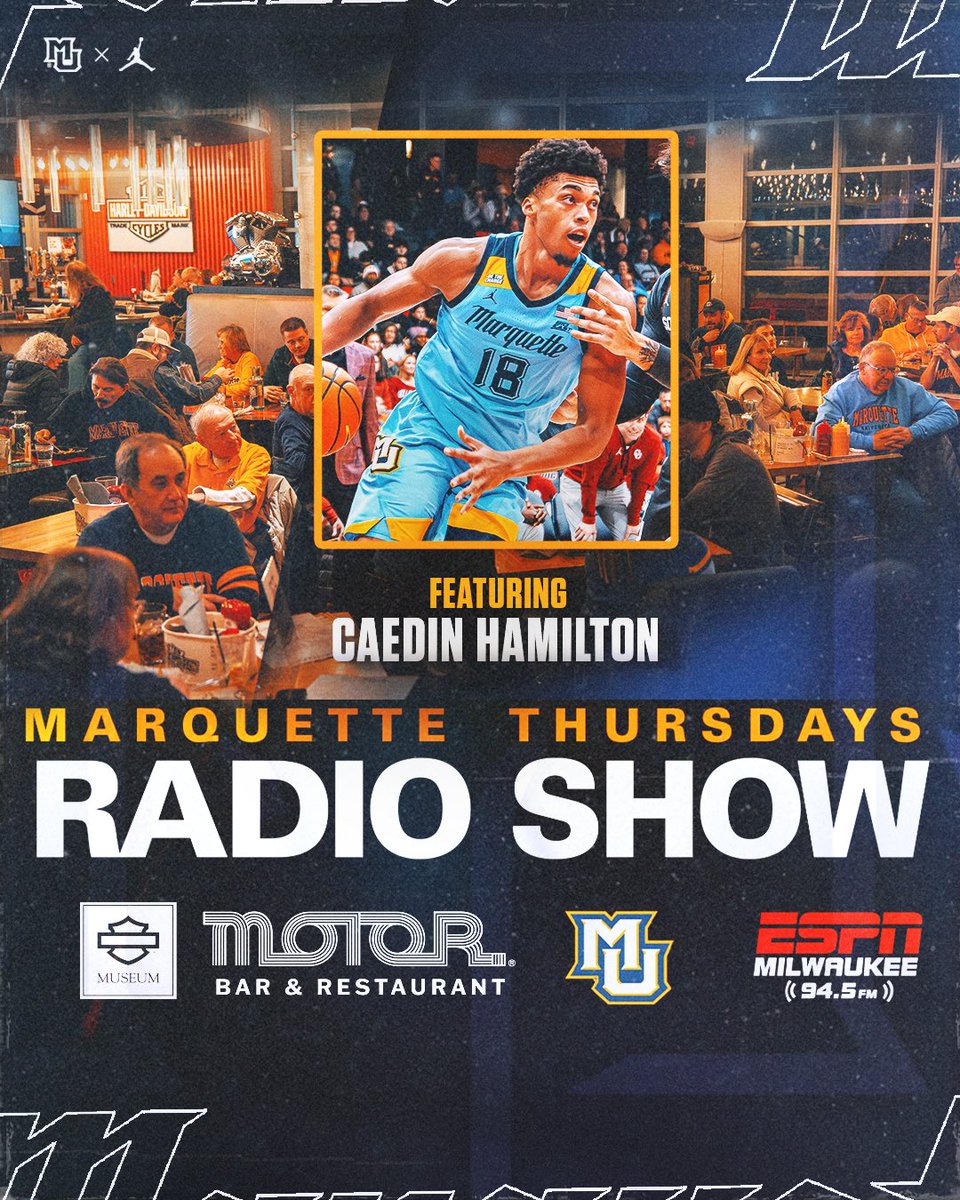 MarquetteMBB's tweet photo. Marquette Thursdays is back tonight with @CaedinHamilton! Don’t miss another great show with @coachshakasmart live from MOTOR Bar and Restaurant! #HDMuseum
#MUBB | #WeAreMarquette https://t.co/M0NuuF6LVp