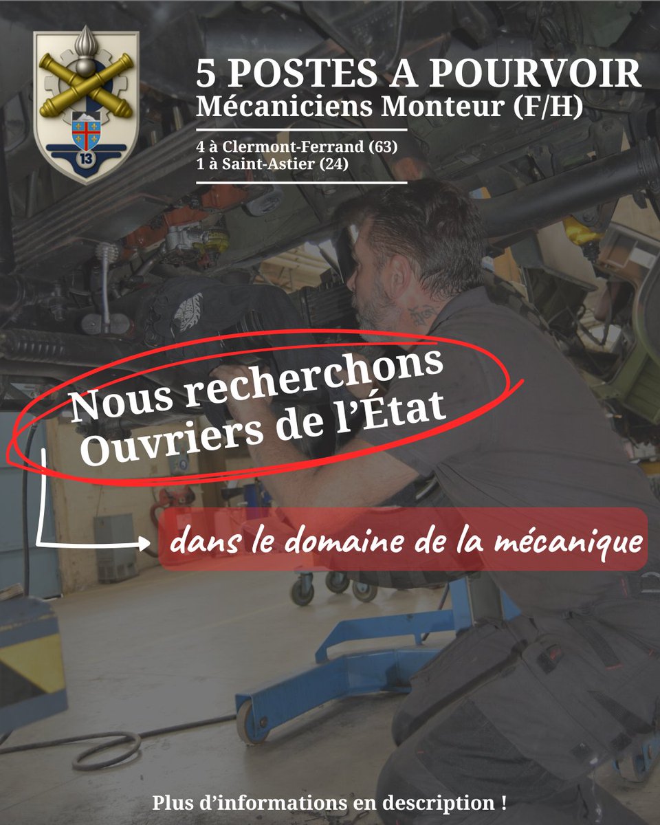 CDC_13eBSMAT's tweet photo. ⚠️ Vous êtes civil et vous souhaitez rejoindre le Ministère des Armées ? 
La @13e_bsmat recrute 5 mécaniciens monteurs pour participer au maintien en condition opérationnel des matériels de l'armée de terre ; 13bsmat.cer.fct@intradef.gouv.fr
Envie de relever un défi technique au https://t.co/S6sCvGDTBN