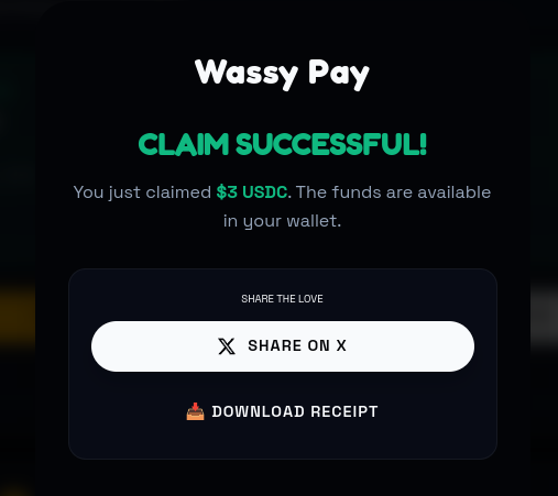 Just claimed $3 USDC on X via <a href="/bot_wassy/">Wassy Pay (v2.0)</a>! 💸
TY sp3aker! 
Social payments are finally here on Solana. ◎