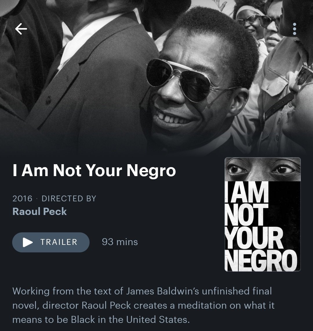 3 on James Baldwin:

- Meeting the Man: James Baldwin in Paris (1970) dir. Terence Dixon
- James Baldwin: The Price of the Ticket (1989) dir. Karen Thorsen
- I Am Not Your Negro (2016) dir. Raoul Peck

transfer.it/t/oyJ0Mc9l0LgT