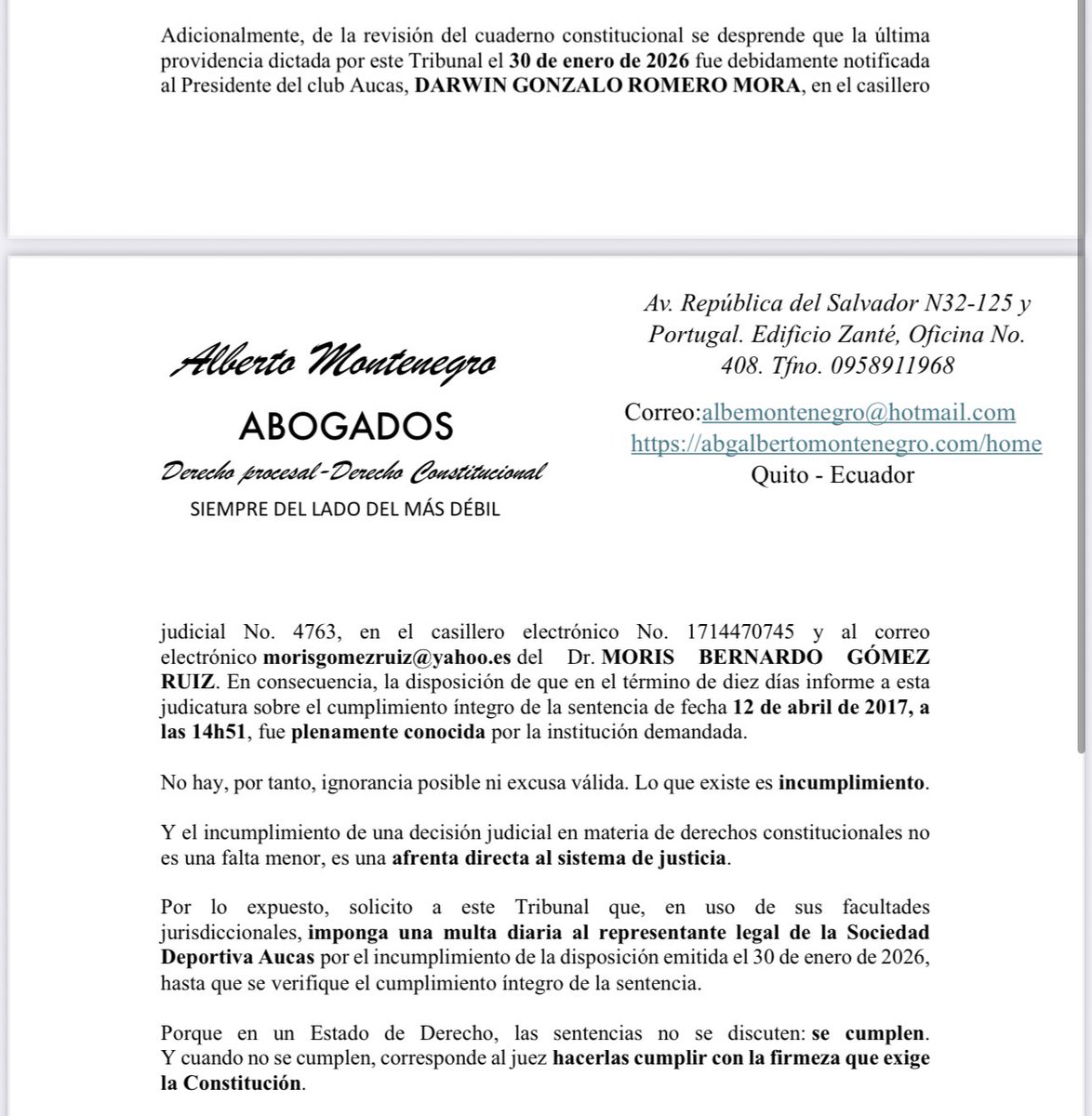 Estoy pidiendo que se multe al presidente del <a href="/Aucas45/">S. D. Aucas Oficial</a> por incumplir  una decisión judicial dentro de una acción de protección. La orden era simple y elemental, abrir la posibilidad de que existan socios en el club. Nada imposible, solo permitir que la institución deje de