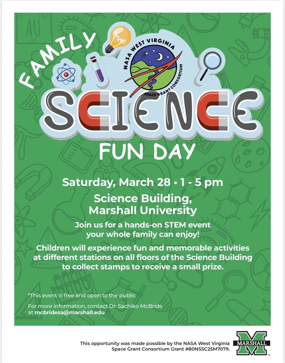 Come experience the magic of science at Marshall where learning feels just like fun! Bring the whole family for a day packed with STEM excitement, hands-on-activities, and unforgettable learning adventures! For more info, contact Dr. Sachiko McBride, mcbridesa@marshall.edu.💚