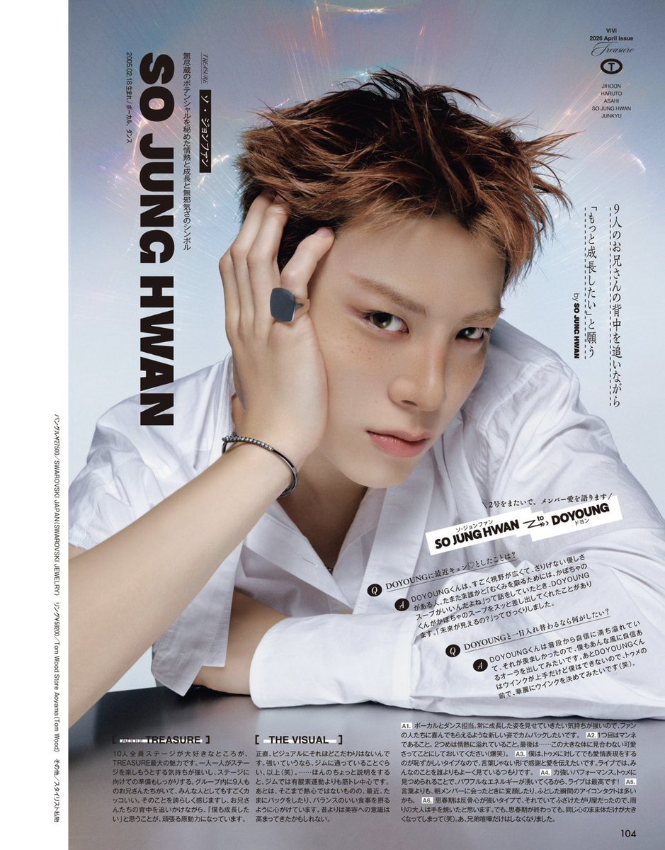 ViVi 인터뷰 #소정환 -> #도영 

Q. 최근 도영에게 설레었던 일은?

-> 도영이형은 시야가 넓고 은근하게 친절감을 가진 사람이에요. 우연히 누군가와 “붓기를 없애려면 호박 스프가 좋대“라고 이야기하고 있었는데, 도영이형이 갑자기 호박 스프를 건네 준 적이 있어요. 「 미래가 보여 ?」 하고 깜짝