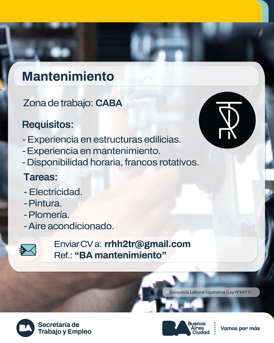 Mantenimiento

Tareas:
Electricidad
pintura
plomeria
aire acondicionado
sistemas HVAC (preferentemente)

Enviar CV a: rrhh2tr@gmail.com
