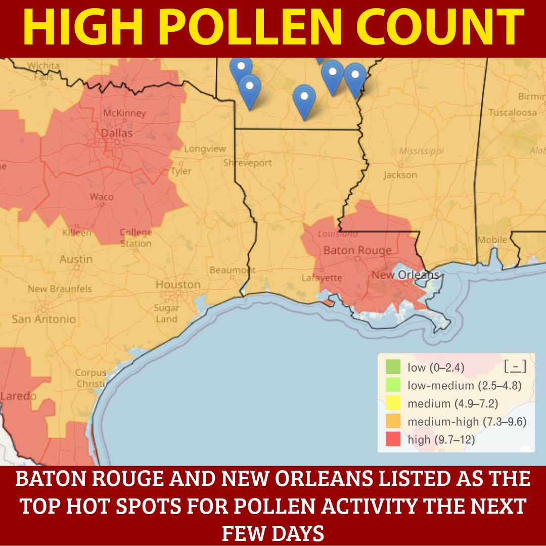 HERE COMES THE POLLEN - multiple 80° days in a row will flip our pollen count to very high. Multiple Louisiana cities are listed in the top 5 pollen areas of the country heading into the weekend. Get your meds ready, the spring bloom is beginning! #lawx