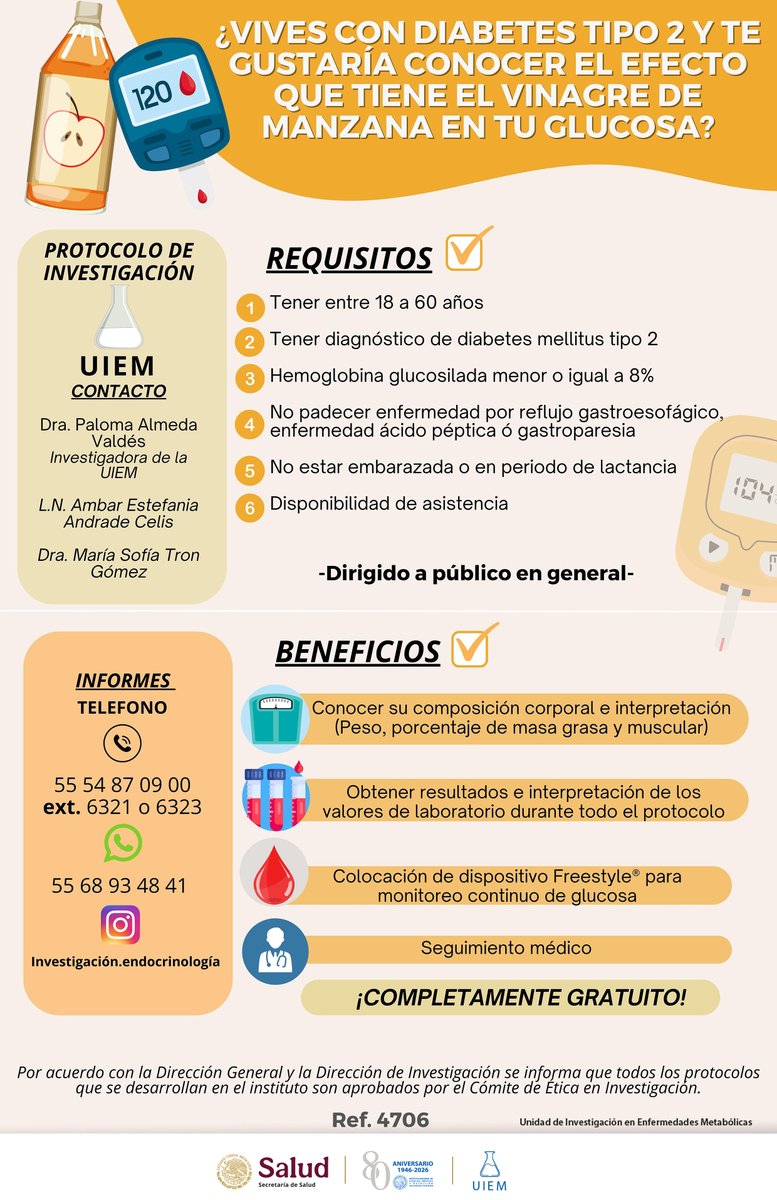 incmnszmx's tweet photo. Te invitamos a participar en el protocolo de investigación; ¿Vives con diabetes tipo 2 y te gustaría conocer el efecto que tiene el vinagre de manzana en tu glucosa?
Si cumples con los requisitos, participa.
Protocolo y cartel aprobado por el Comité de Ética y de Investigación. https://t.co/tDavM0kDxE