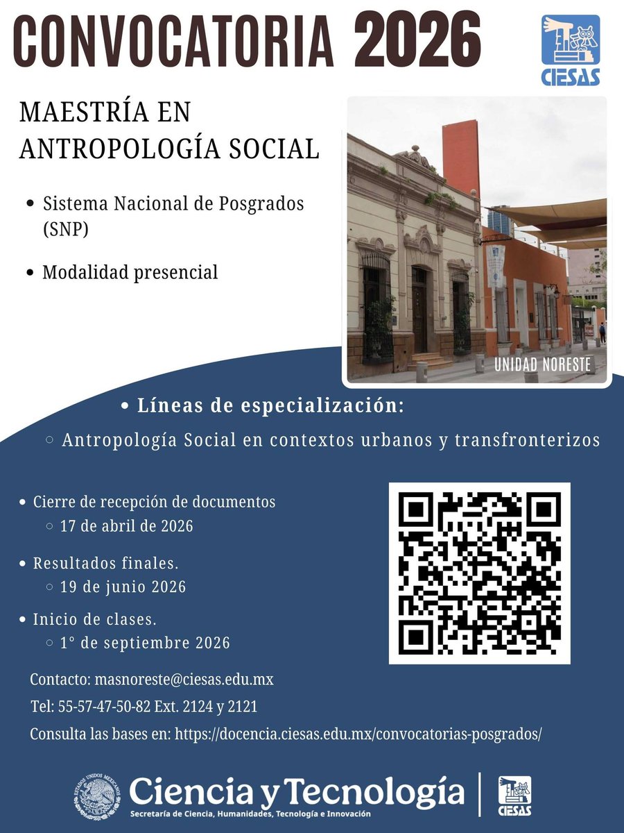CIESASNoreste's tweet photo. Convocatoria abierta 👀
¿Te gustaría estudiar un posgrado en Antropología Social? ¡Esta es tu oportunidad! Consulta las bases https://t.co/X2MfHpKQAh