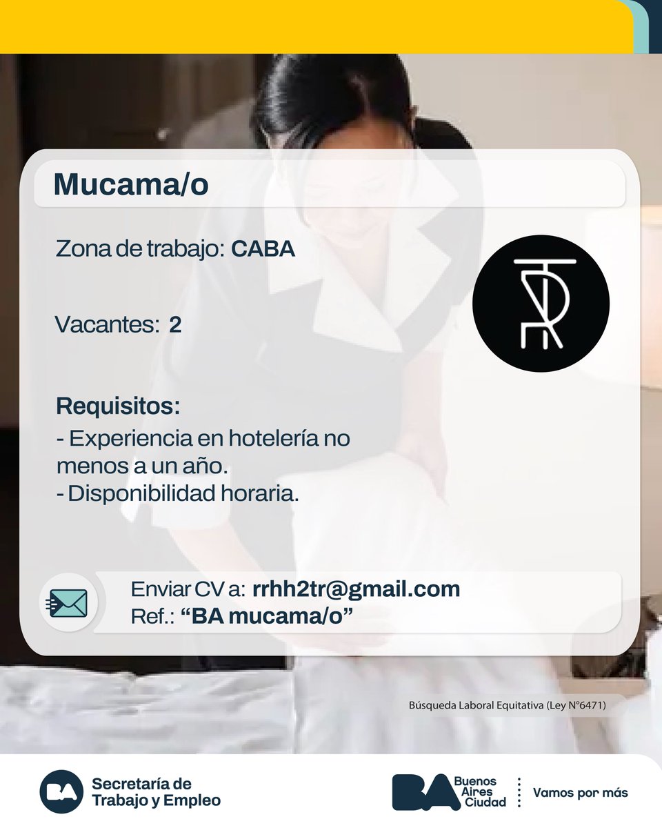 Mucama/o

Vacantes: 2

Tareas:
Limpieza de habitaciones y áreas públicas.

Enviar CV a: rrhh2tr@gmail.com