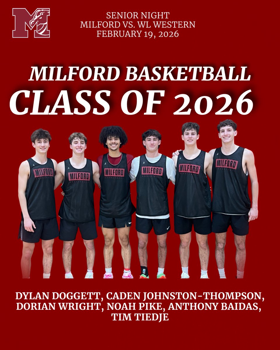 Milford1Hoops's tweet photo. Last regular season game tonight at home as we honor our Seniors.
🏀Milford vs. WL Western🏀
Freshmen- 4:00 PM
JV- 5:30 PM
Varsity - 7:00 PM
Come on out and support as we celebrate these young men for their 4 years of hard work and dedication. #milfordpride #CPVF https://t.co/c6627LADzd