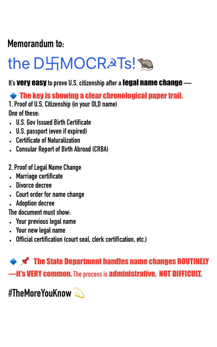 lateliercali5's tweet photo. @CorkYou @SergeiDubovsky @SenSchumer @PressSec Yes, ALBEIT…
The State Department ROUTINELY
Handles name changes. Quite EASILY!
Hence, it’s NOTat ALL suppressing anyone, except Corrupt, Cheating, #deMAS #deMS13 DEMON😈C🐀S allowing #IllegalAliens to vote in
American Elections!
#PassTheSaveAmericaAct NOW!! https://t.co/ruSeNVRYbu