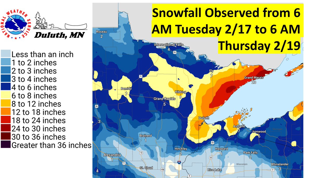 Observed Snowfall in inches from the mid-week storm (6 AM Tuesday 2/17 to 6 AM Thursday 2/19) #Mnwx #Wiwx