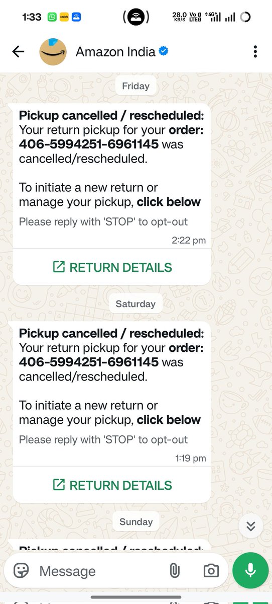 pratik11987's tweet image. 🚨 Beware of @amazonIN return service! 🚨
I initiated a return on the 13th, and despite daily calls from support, NO ONE has come for the pickup. They just keep extending the date and wasting my time. Terrible experience. 😡
@AmazonHelp @amazon #AmazonIndia #CustomerService