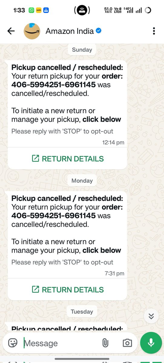pratik11987's tweet image. 🚨 Beware of @amazonIN return service! 🚨
I initiated a return on the 13th, and despite daily calls from support, NO ONE has come for the pickup. They just keep extending the date and wasting my time. Terrible experience. 😡
@AmazonHelp @amazon #AmazonIndia #CustomerService