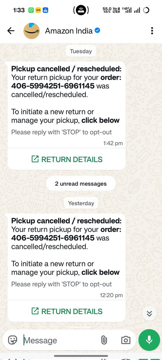pratik11987's tweet image. 🚨 Beware of @amazonIN return service! 🚨
I initiated a return on the 13th, and despite daily calls from support, NO ONE has come for the pickup. They just keep extending the date and wasting my time. Terrible experience. 😡
@AmazonHelp @amazon #AmazonIndia #CustomerService