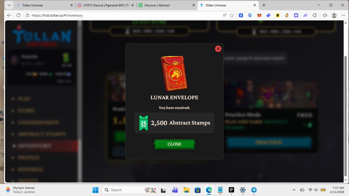 Hello Tollaners

I just hopped on my  first ever <a href="/TollanUniverse/">Tollan Universe</a> run and got dropped 2 Lunar Envelopes

I got 6,500 abstract stamps and the  Lunar custome. Newbie beginner's luck on another level, thanks to <a href="/Okwuoto666/">Okwuotoekeneze</a> for introducing me to the game.