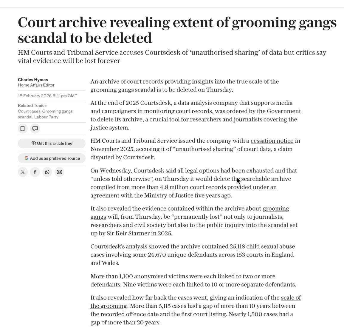 TheRoyalGrift's tweet photo. 🚨GROSS! The State controlled UK media and the UK government are using Andrew's arrest as a  distraction to cover up the UK's deletion of 4.8 million court records about the grooming gangs! HAPPENING TODAY!
‼️"PERMANENTLY LOST" not only to journalists, researchers and civil society but also to the public inquiry forced to be set up in 2025
‼️25,118 Child Sexual Abuse cases involving some 24,670 unique defendants!

Native Brits aren't mad enough.  People should be outside protesting 10 Downing Street daily for change in government.  
@RupertLowe10