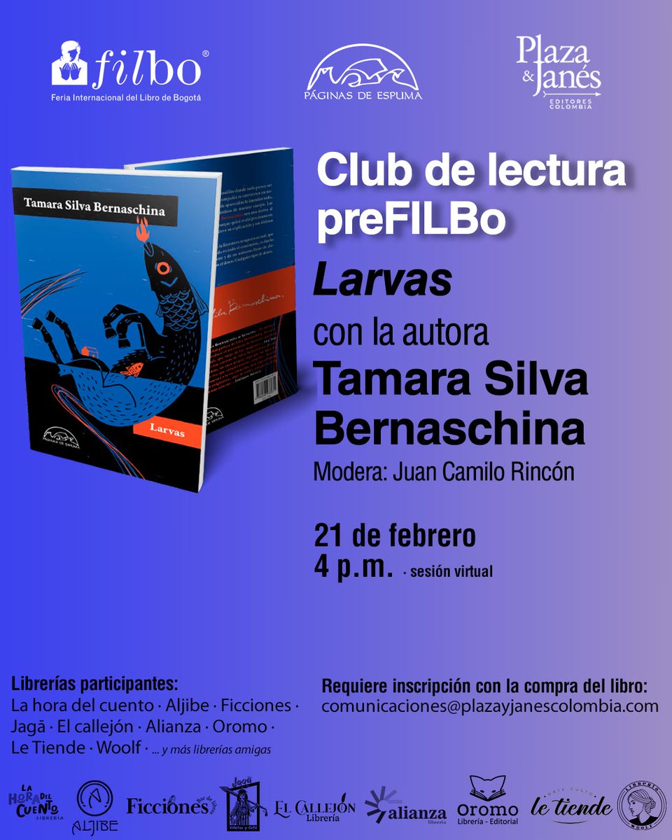 ¡Atención Colombia! Tamara Silva Bernaschina <a href="/librosnimportan/">tamara silva bernaschina</a> estará en el club de lectura virtual que organiza este sábado <a href="/PlazayJanesCol/">Plaza & Janés Editores Colombia S.A</a> junto a <a href="/FILBogota/">FeriadelLibroBogotá</a> y que moderará <a href="/JuanCamiloRinc2/">Juan Camilo Rincón B</a> 
Reserva tu sitio en este enlace:
🔗n9.cl/gzz65t