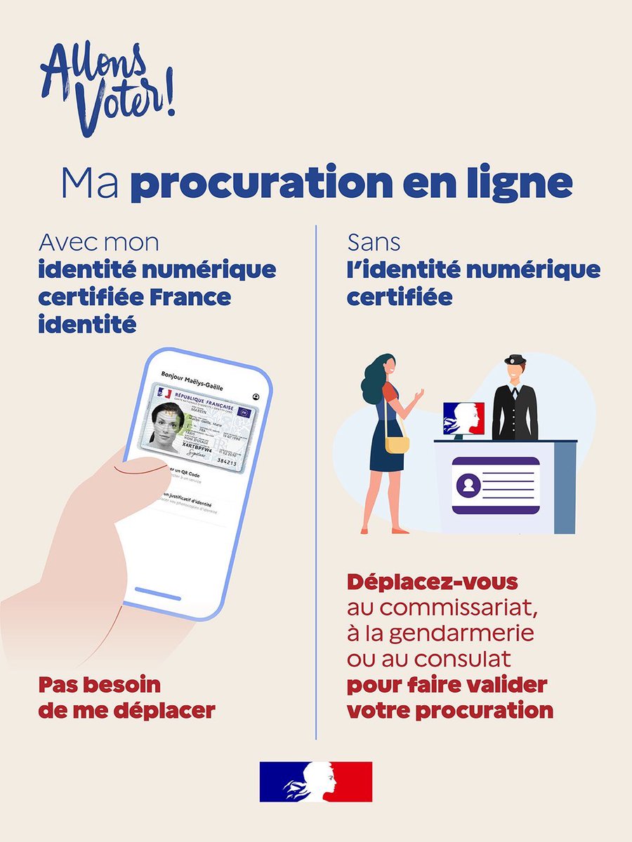 #Élections #Municipales2026 #AllonsVoter

🗳️ Vous ne pourrez pas aller voter le 15 ou le 22 mars prochain ❓

Vous pouvez dès maintenant  établir une procuration :

➡️ 100 % dematérialisée si vous si vous avez l’application France Identité 

➡️ En remplissant le formulaire en