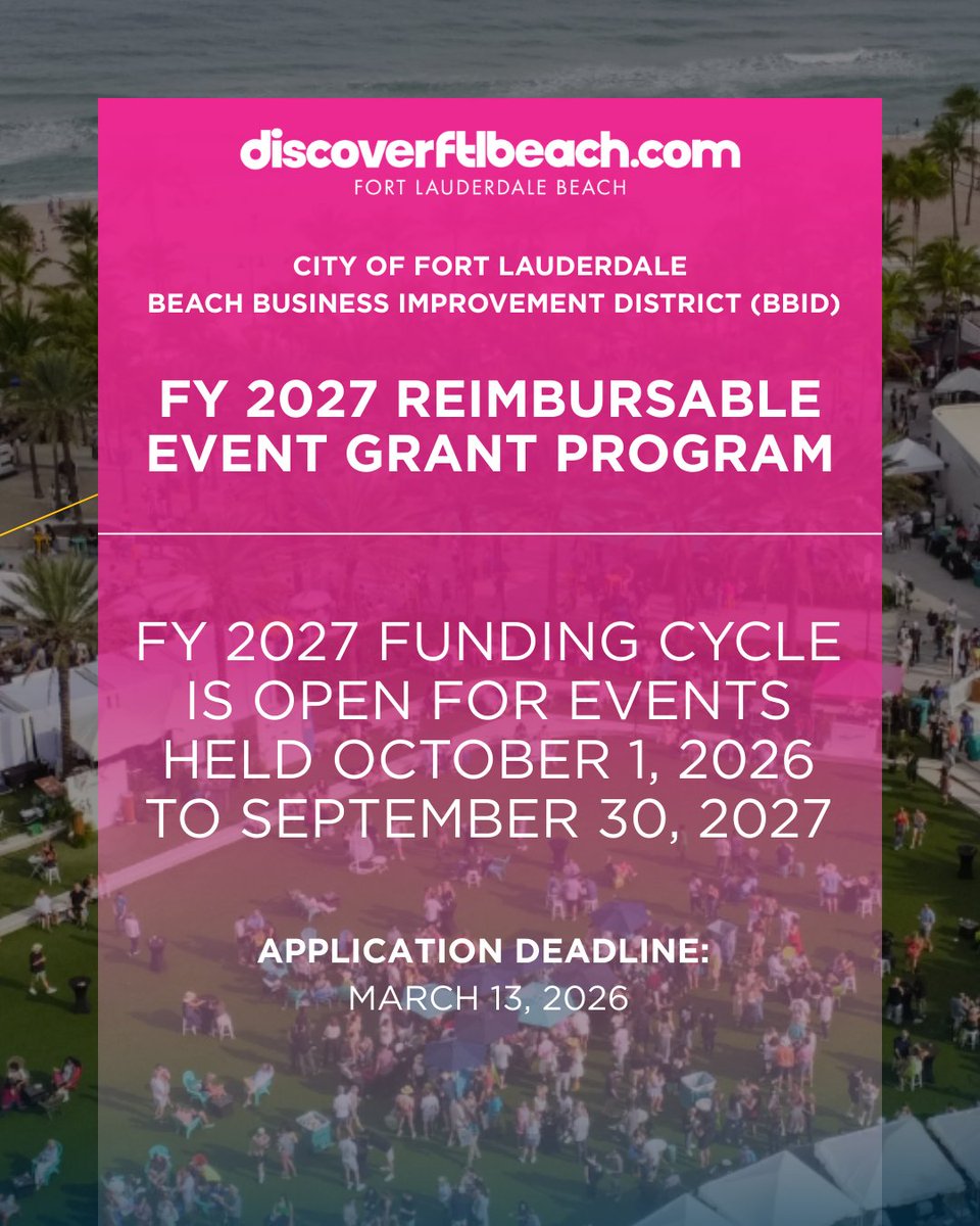 Have a tourism-focused event planned for Fort Lauderdale Beach?

The FY 2027 BBID Grant Program is now open! 

📅 Eligible: Oct 1, 2026–Sept 30, 2027
⏳ Deadline: March 13, 2026

Learn more + apply: bit.ly/BBIDGrantProgr…