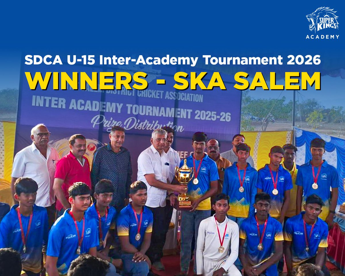SuperKingsAcad's tweet photo. Champions across categories! 🏆💪

#SuperKingsAcademy Salem crowned winners of the #SDCA U-13, U-15 &amp; U-18 Inter-Academy Tournament 2026. 🏏

#TrainLikeASuperKing 🦁 #Cricket #SKASalem https://t.co/oJgBIVNk2O