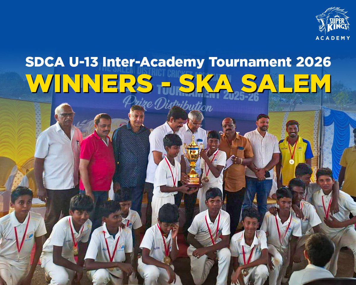 SuperKingsAcad's tweet photo. Champions across categories! 🏆💪

#SuperKingsAcademy Salem crowned winners of the #SDCA U-13, U-15 &amp; U-18 Inter-Academy Tournament 2026. 🏏

#TrainLikeASuperKing 🦁 #Cricket #SKASalem https://t.co/oJgBIVNk2O