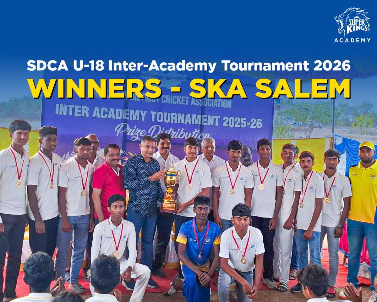 SuperKingsAcad's tweet photo. Champions across categories! 🏆💪

#SuperKingsAcademy Salem crowned winners of the #SDCA U-13, U-15 &amp; U-18 Inter-Academy Tournament 2026. 🏏

#TrainLikeASuperKing 🦁 #Cricket #SKASalem https://t.co/oJgBIVNk2O