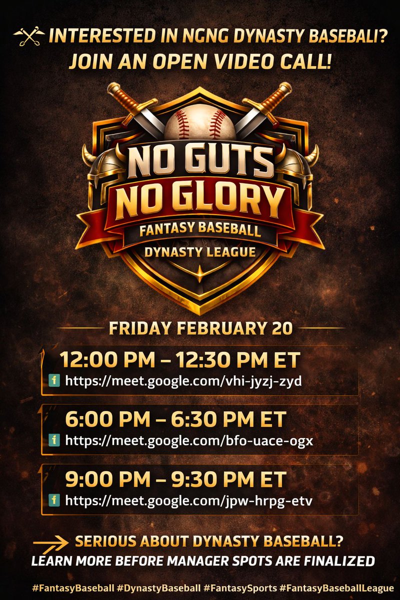 LordSkunk1's tweet photo. ⚔️⚾ NGNG Dynasty Baseball – Open Video Call Invite ⚾⚔️

Interested in joining the No Guts No Glory 2026 Dynasty Baseball League?

I’m hosting three open 30-minute video calls this Friday for anyone who wants to learn more, ask questions, and connect directly before final manager selections.

You only need to attend ONE session.

📅 Friday, February 20 (ET – New York Time)
🕛 12:00 PM – 12:30 PM Join here: https://t.co/DQ3fjC0baS
🕕 6:00 PM – 6:30 PM Join here: https://t.co/KWndaokWZz
🕘 9:00 PM – 9:30 PM Join here: https://t.co/eW0Rm9YQZG

League Highlights: 

▫️ 12-Team Dynasty 
▫️ 40-Man Rosters 
▫️ Weekly Head-to-Head Points 
▫️ Best Ball (no daily lineup micromanagement)
▫️ Future Draft Pick Trading
▫️ Startup Slow Draft begins 2/25

If you’re serious about long-term dynasty baseball and want a professionally run, competitive league, this is your opportunity to learn more before spots are finalized.

No Guts. No Glory. ⚔️⚾

#DynastyBaseball #FantasyBaseball #MLBFantasy #FantasySports #DynastyLeague #Fantrax #BestBallFantasy #FantasyCommissioner #BaseballCommunity #FantasyBaseballLeague #FantasyBaseball2026 #MLBDynasty #SeriousFantasy #StartupDraft #FantasySportsCommunity