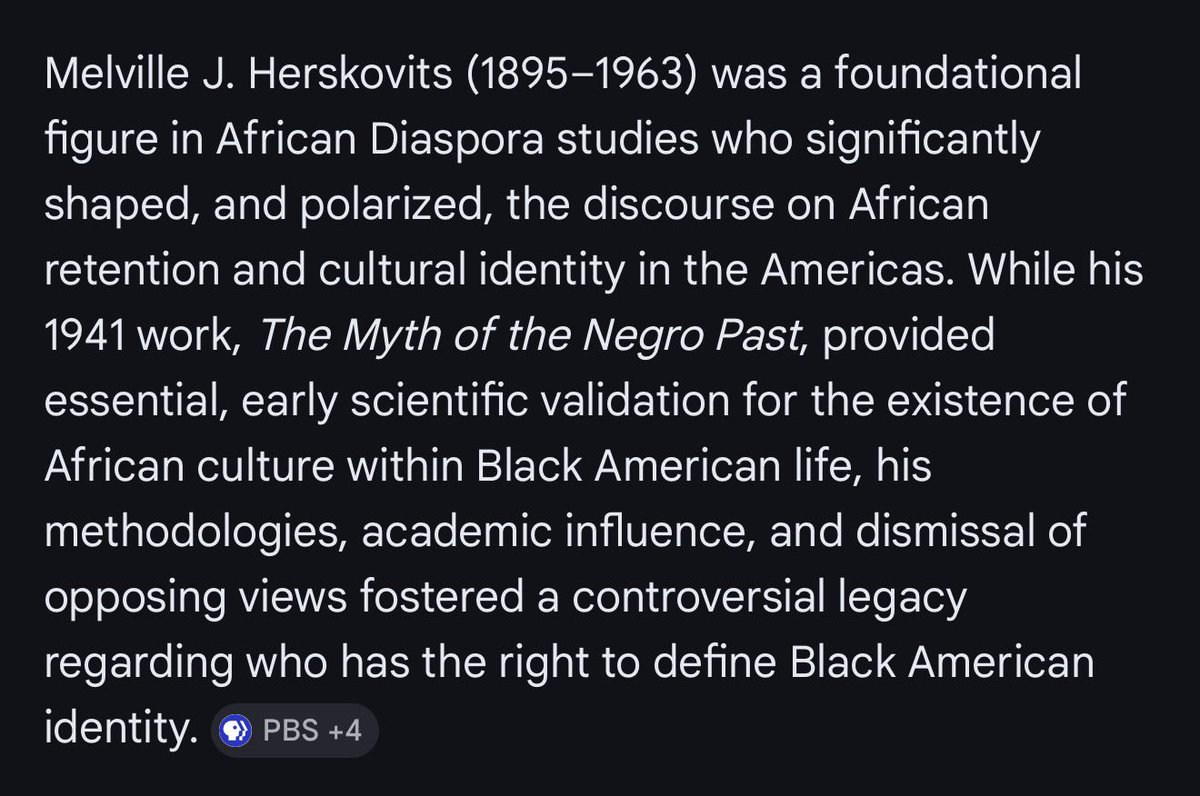 Right……. the 80 year old culture of PanAfricans being paid in the academia field to push on the legacy of a White Jewish male aka Mr.Herskovits “ African retention theory “ who  worked systematically in the 1940’s to silence and bar out any Black Americans who said we