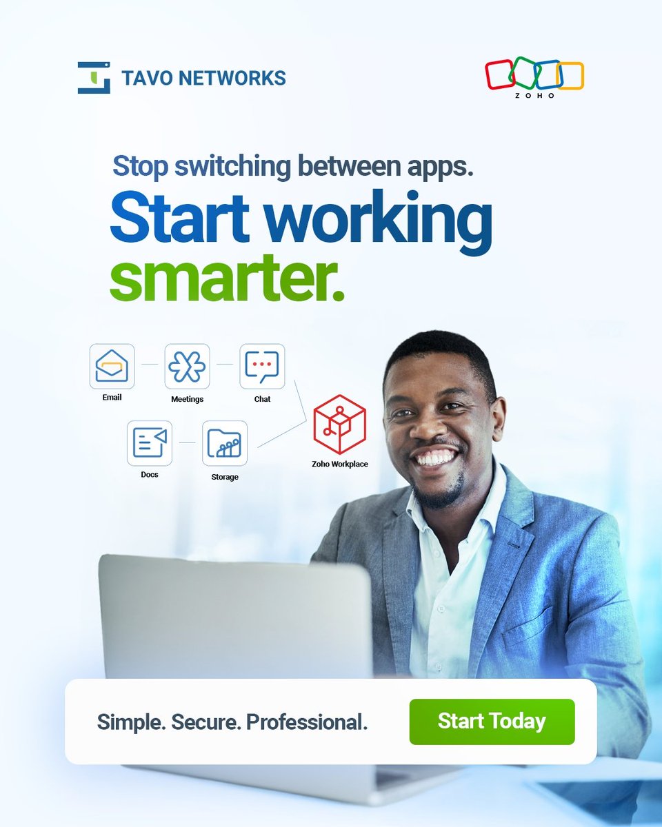 TavoNetworks's tweet photo. Stop juggling apps. Start achieving more.

Simplify your workflow with one secure, professional workspace designed to keep your team connected, organized, and productive — anytime, anywhere.

#WorkSmarter #ZohoWorkplace #ProductivityBoost #BusinessSimplified #SmartWork https://t.co/neipB840OY