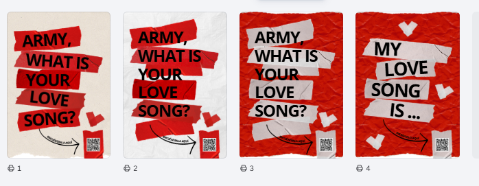 ¡Hola, #ARMY! 
Hice un formato más grande de la plantilla de <a href="/canva/">Canva</a> para que podamos imprimir y promocionar en nuestras ciudades. 

✅ Formato A3
✅ Pueden cambiar el "ARMY" al nombre que deseen.
✅ QR = preguardar #Arirang_BTS en Spotify😉
✅ 4 diseños

🔗canva.com/design/DAHBxnY…