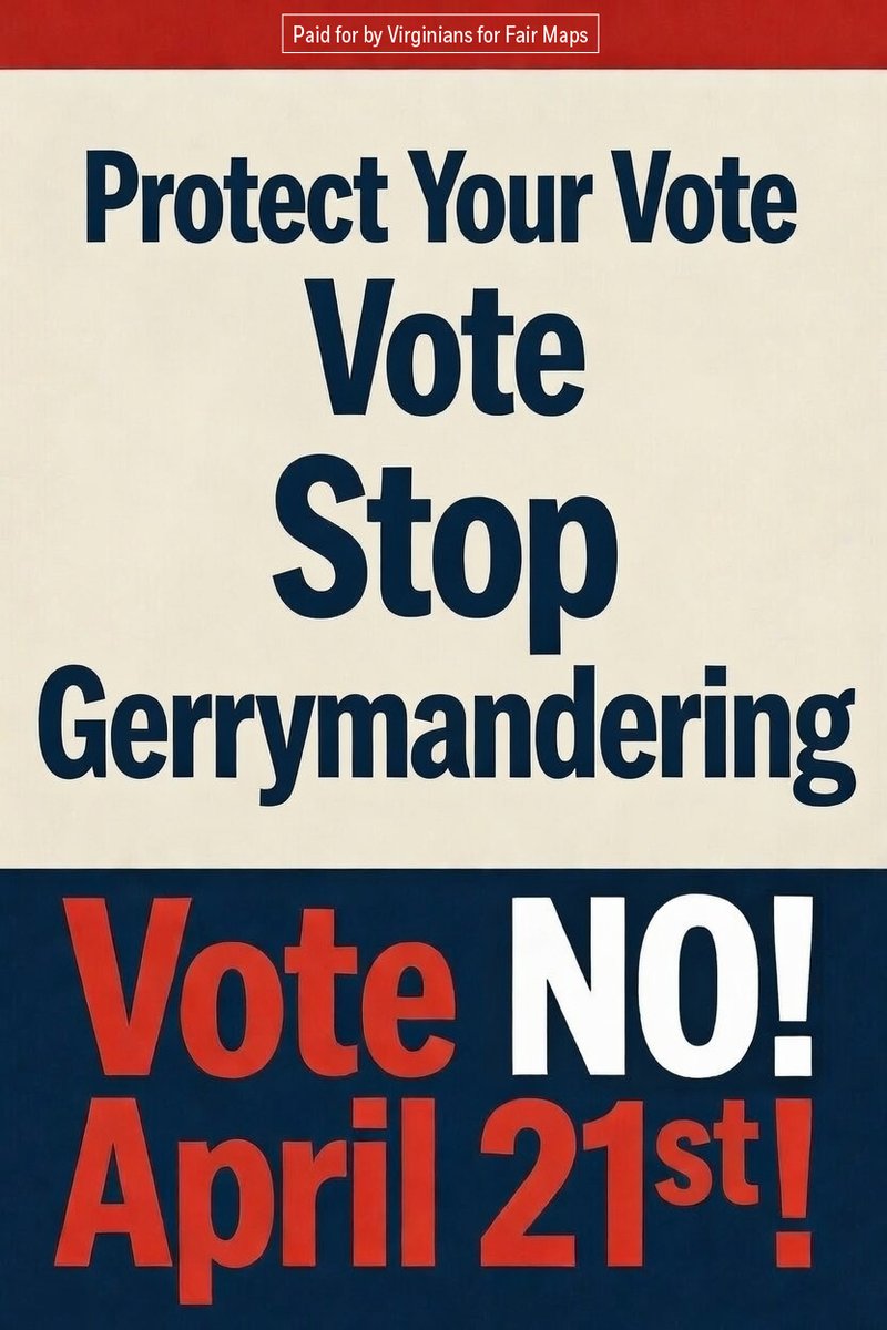 VA_forFairMaps's tweet photo. The Democrats ran on affordability. On 'common sense.' On equal representation for all Virginians.

But they turned right around to raise your taxes, restrict your rights, and turn Virginia into a sanctuary state.

And they want to ensure you can't do anything about it.

Protect your vote. Vote NO on April 21st.